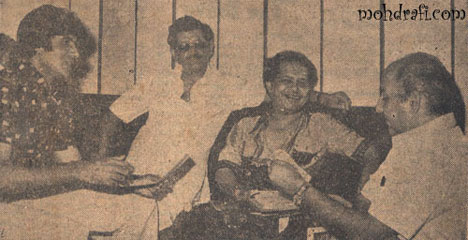 Anand Bakshi with Laxmikant, Amitabh and Rafi sahab during the recording