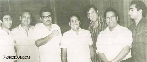 Mohd Rafi with Shammi Kapoor, Shankar, Datta Ram, Hasrat Jaipuri and others