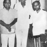Mohd Rafi with poet lyricist Sahir Ludhianvi and composer Khayyam
